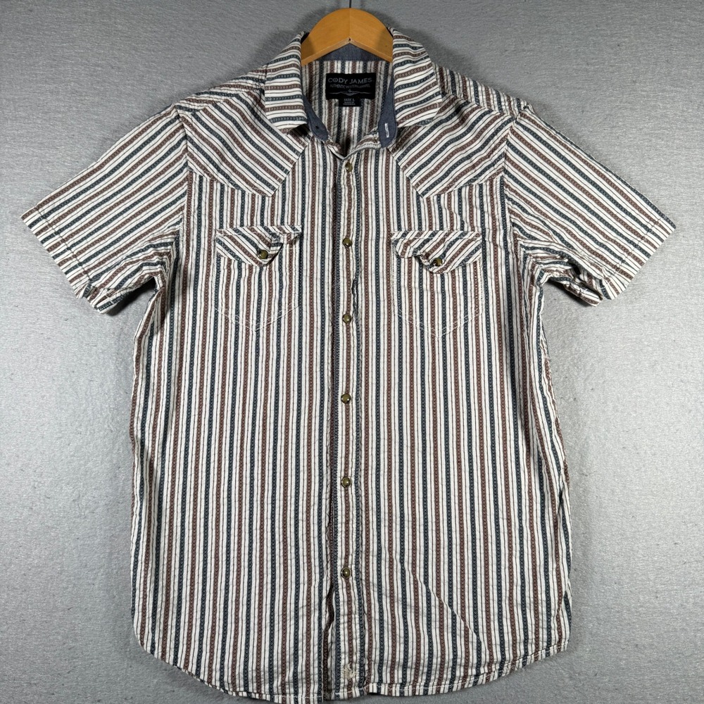 Cody James Mens Large Western Short Sleeve Button Down Stripe‎ Cotton Shirt
